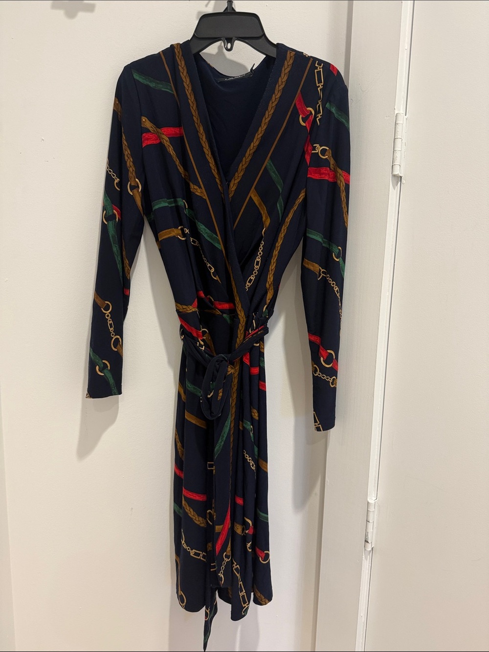 Ralph Lauren Navy Chain-Print Wrap Dress with Belt